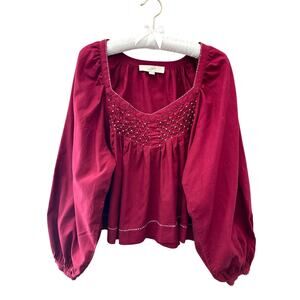 LOFT Boho Peasant Blouse Burgundy Red Smocked Cotton Top Balloon Sleeve | Medium
